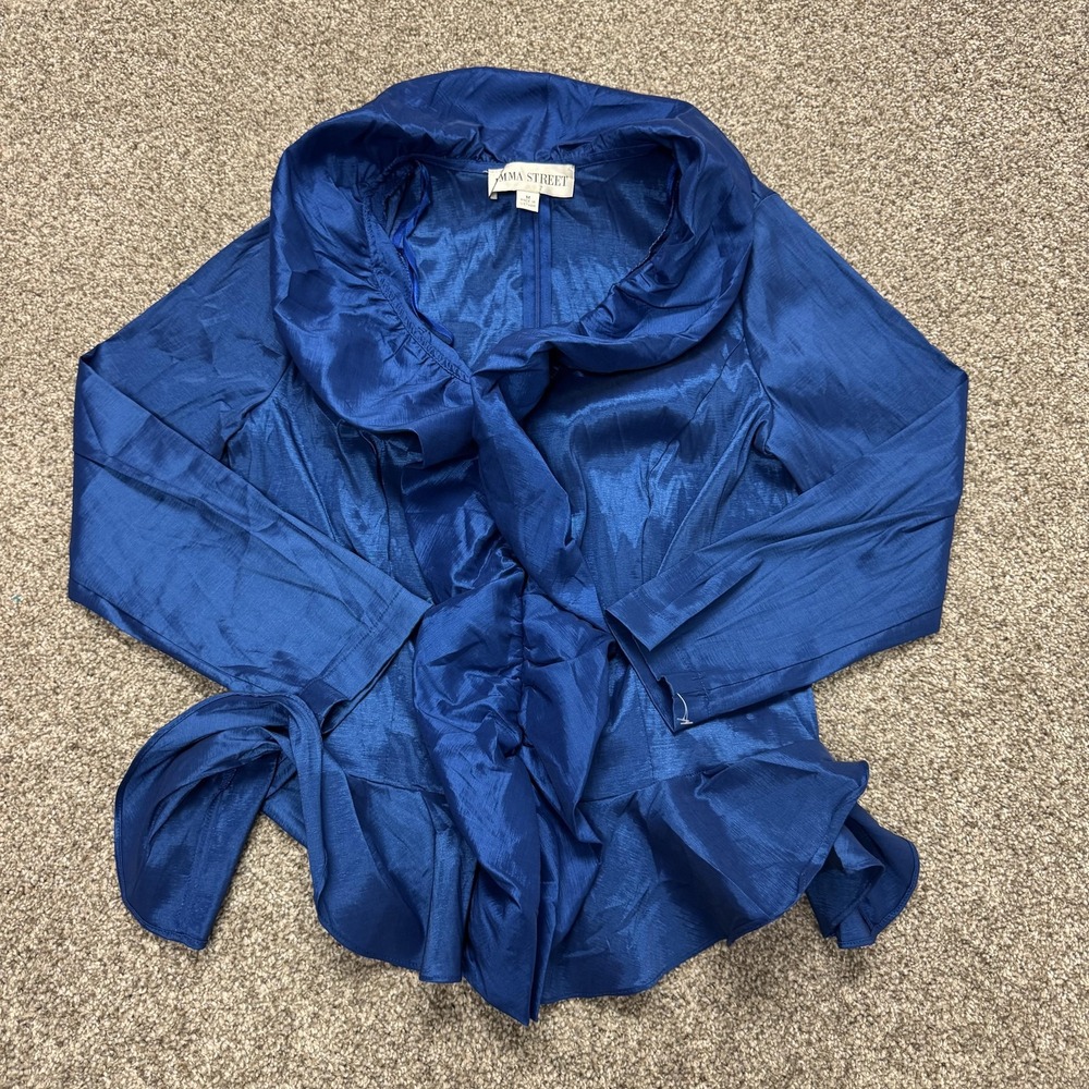 Vintage Emma Street Jacket Womens Medium Blue Taffeta Ruffle Collar Peplum Hem